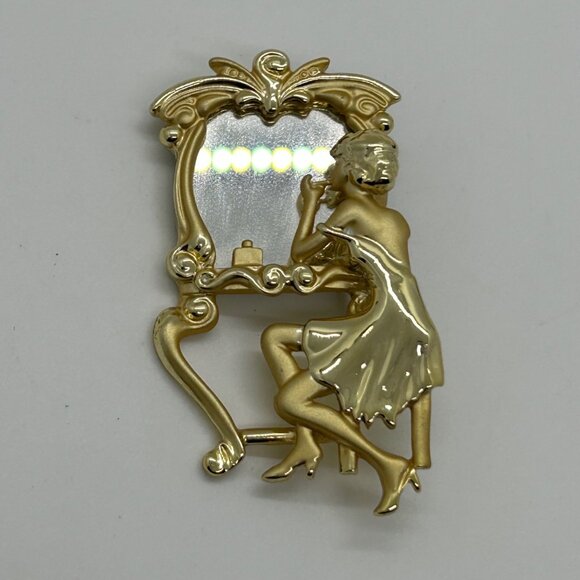 Vintage Gold-Tone Vanity Brooch With Lady At Dressing Table Mirror Design - Picture 3 of 13